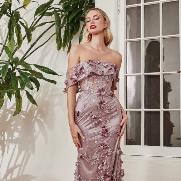 NEW LONG FITTED OFF SHOULDER EMBROIDERED SEQUINS DRESS WITH ZIPPER BACK CD J832
